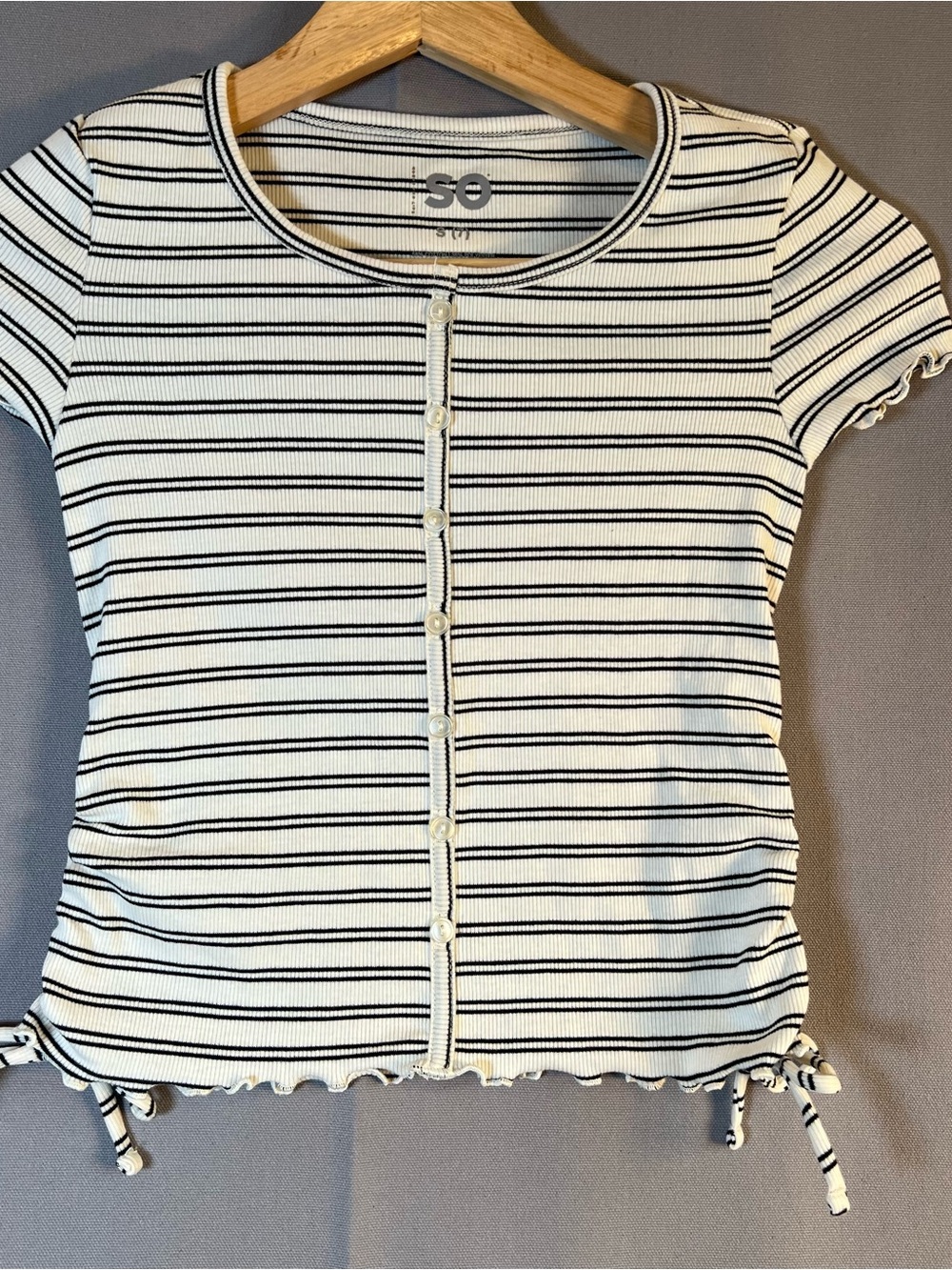 SO Goods for Life White and Black Striped Faux Button-Front Ribbed Tee Tie Side